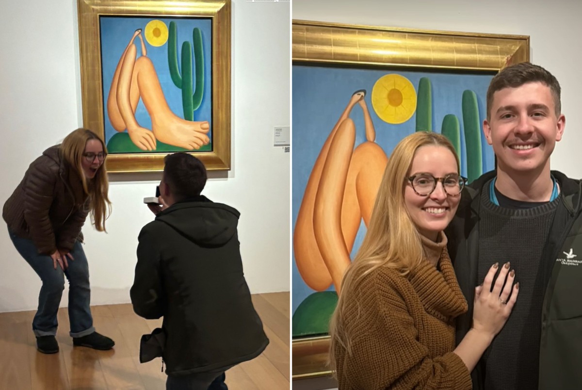 Brasileiros em Buenos Aires viralizam com pedido de casamento diante de obra de Tarsila do Amaral; veja