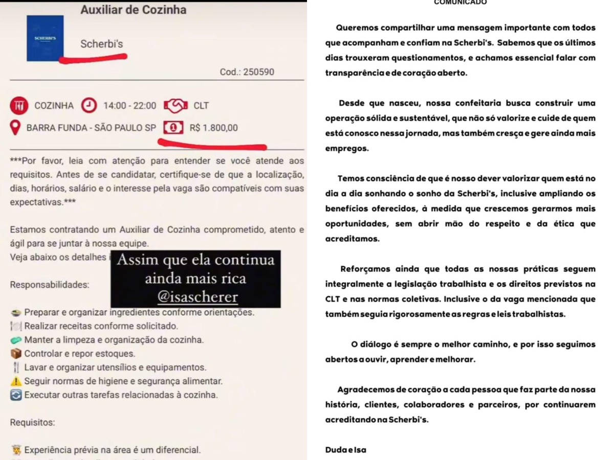 Isa Scherer se pronuncia após críticas por vaga de R$ 1,8 mil em confeitaria; marca diz seguir leis trabalhistas